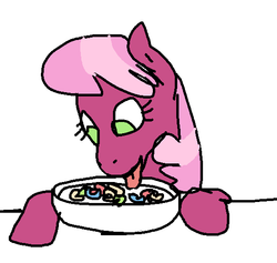 Size: 542x513 | Tagged: safe, anonymous artist, cheerilee, earth pony, pony, g4, cereal, eating, female, food, mare, milk, simple background, solo, tongue out, white background