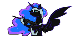 Size: 1130x560 | Tagged: safe, anonymous artist, nightmare moon, alicorn, pony, g4, ar-15, female, gun, mare, simple background, solo, weapon, white background