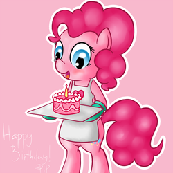 Size: 1200x1200 | Tagged: safe, artist:pinkieinprivate, artist:pinkiepieskitchen, pinkie pie, earth pony, pony, pinkiepieskitchen, g4, apron, bipedal, cake, clothes, female, food, gloves, mittens, naked apron, pink background, simple background, solo