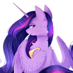 Size: 2049x2049 | Tagged: safe, artist:wolfythewolf555, twilight sparkle, alicorn, pony, g4, the last problem, bedroom eyes, cheek fluff, chest fluff, female, fluffy, high res, looking at you, looking back, looking back at you, mare, older, older twilight, older twilight sparkle (alicorn), peytral, princess twilight 2.0, rear view, simple background, smiling, solo, transparent background, twilight sparkle (alicorn), white outline, wing claws, wing fluff