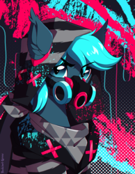 Size: 1200x1548 | Tagged: safe, artist:redchetgreen, part of a set, oc, oc only, earth pony, pony, blot, clothes, cyberpunk, gas mask, looking at you, male, mask, solo