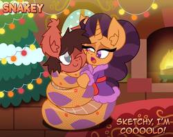 Size: 1006x794 | Tagged: safe, artist:snakeythingy, saffron masala, oc, oc:sketchy dupe, lamia, monster pony, original species, snake, snake pony, g4, canon x oc, christmas, christmas tree, clothes, coils, cuddling, fireplace, holiday, lamiafied, looking at each other, robe, sketchffron, species swap, story included, tree