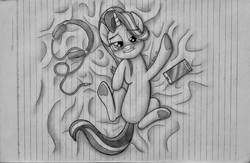Size: 1106x723 | Tagged: safe, artist:fadlihalimns, starlight glimmer, pony, unicorn, g4, bed, bedroom eyes, cellphone, cute, female, frog (hoof), headphones, lined paper, lip bite, looking at you, mare, monochrome, on back, on bed, phone, smartphone, solo, traditional art, underhoof