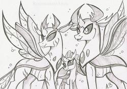 Size: 1024x719 | Tagged: safe, artist:rossmaniteanzu, ocellus, pharynx, thorax, changedling, changeling, g4, brothers, changedling brothers, female, grayscale, king thorax, male, monochrome, pencil drawing, prince pharynx, scar, siblings, simple background, traditional art, trio, white background