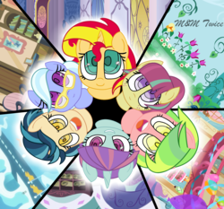 Size: 2888x2696 | Tagged: safe, artist:mymtwiceofficial, indigo zap, lemon zest, sour sweet, sugarcoat, sunny flare, sunset shimmer, pony, unicorn, equestria girls, g4, adoraflare, cute, from above, glasses, high res, looking at you, looking up, open mouth, ponified, shadow five, shimmerbetes, smiling, smirk, sourbetes, sugarcute, zapabetes, zestabetes