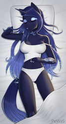 Size: 2189x4100 | Tagged: safe, artist:pewas, oc, oc only, oc:mystic shadow, unicorn, anthro, anthro oc, bed, belly button, breasts, camisole, clothes, eyes closed, female, horn, mare, panties, pillow, sheet, sleeping, solo, underwear, white underwear, ych result