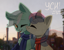 Size: 2000x1564 | Tagged: safe, artist:avrameow, artist:sinrinf, bon bon, lyra heartstrings, sweetie drops, pony, g4, advertisement, clothes, collaboration, commission, couple, evening, female, lesbian, scarf, ship:lyrabon, shipping, your character here
