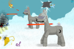 Size: 600x400 | Tagged: safe, artist:quint-t-w, derpy hooves, rainbow dash, soarin', spitfire, twilight sparkle, pegasus, pony, unicorn, g4, at-at, fire, laser, laser cannon, lightning, old art, parody, ponified, ruins, smoke, snow, star wars, star wars: the empire strikes back, stormcloud, walker, wreck