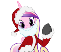 Size: 1376x1175 | Tagged: artist needed, safe, princess cadance, alicorn, pony, g4, christmas, clothes, costume, fake beard, female, hat, holiday, horn, looking at you, mare, raised hoof, santa beard, santa claus, santa costume, santa hat, simple background, solo, transparent background, vector