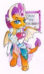 Size: 691x1156 | Tagged: safe, artist:lailyren, smolder, g4, blue eyes, clothes, crown, cup, cute, dress, gloves, jewelry, lipstick, princess smolder, regalia, smolderbetes, teacup, traditional art, watercolor painting