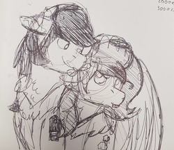 Size: 1890x1635 | Tagged: safe, artist:euspuche, oc, oc:carmen garcía, oc:cloud rider, pony, caroud, flower, flower in mouth, looking at each other, military uniform, mouth hold, size difference, sketch