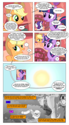 Size: 868x1571 | Tagged: safe, artist:dziadek1990, edit, edited screencap, screencap, applejack, rarity, twilight sparkle, vampire, comic:sunny day, g4, look before you sleep, comic, conversation, dialogue, dungeons and dragons, falling, fire, flashback, food, golden oaks library, grayscale, library, monochrome, paper, pen and paper rpg, rope, rpg, screencap comic, sky, slice of life, sun, tabletop game, text, tree