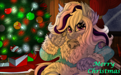 Size: 1920x1200 | Tagged: safe, artist:brainiac, oc, oc only, oc:whiskey lullaby, cat pony, original species, bell, cat bell, christmas, christmas tree, clothes, collar, fluffy, frog (hoof), holiday, socks, solo, tree, underhoof, unshorn fetlocks, winter, winter coat, winter outfit