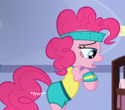 Size: 692x608 | Tagged: safe, artist:thedarkpony, edit, edited screencap, screencap, pinkie pie, earth pony, pony, a friend in deed, g4, bipedal, clothes, cropped, fart, fart edit, fart noise, onomatopoeia, shorts, sound effects, workout outfit