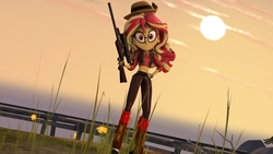 Size: 4675x2630 | Tagged: safe, artist:fazbearsparkle, sunset shimmer, equestria girls, g4, 3d, belly button, glasses, gun, looking at you, midriff, rifle, sniper, sniper rifle, source filmmaker, sunset, team fortress 2, weapon