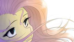 Size: 1192x670 | Tagged: safe, artist:maneingreen, fluttershy, pony, g4, backlighting, bust, cheek fluff, cute, female, looking away, mare, portrait, shyabetes, smiling, solo, sparkles, stray strand, three quarter view, windswept mane
