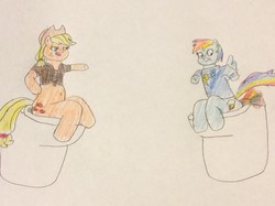 Size: 1280x956 | Tagged: safe, artist:snipiper, applejack, rainbow dash, earth pony, pegasus, pony, semi-anthro, g4, but why, fart, fart fetish, female, fetish, implied pooping, rainbow fart, sitting on toilet, story included, toilet, traditional art