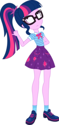 Size: 616x1297 | Tagged: safe, artist:marcorulezzz, sci-twi, twilight sparkle, best trends forever, best trends forever: pinkie pie, equestria girls, g4, my little pony equestria girls: better together, clothes, female, geode of telekinesis, glasses, magical geodes, miniskirt, pointing behind, ponytail, shoes, simple background, skirt, socks, solo, transparent background, vector