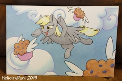 Size: 3736x2475 | Tagged: safe, artist:helicityponi, derpy hooves, pegasus, pony, g4, cloud, female, flying, food, high res, irl, mare, muffin, photo, solo, traditional art