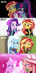 Size: 1696x3488 | Tagged: safe, edit, edited screencap, screencap, pinkie pie, sci-twi, starlight glimmer, sunset shimmer, trixie, twilight sparkle, equestria girls, equestria girls specials, g4, my little pony equestria girls: better together, my little pony equestria girls: forgotten friendship, my little pony equestria girls: legend of everfree, my little pony equestria girls: mirror magic, my little pony equestria girls: sunset's backstage pass, collage, progression, sunset shimmer gets all the mares, true original (song)