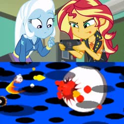 Size: 2896x2896 | Tagged: safe, edit, edited screencap, screencap, sunset shimmer, trixie, puffball, equestria girls, equestria girls specials, g4, my little pony equestria girls: better together, my little pony equestria girls: forgotten friendship, blood, cropped, gamer sunset, high res, kirby, kirby (series), kirby's dream land 3, love-love stick, nintendo, nintendo switch, zero, zero (kirby)