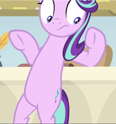 Size: 882x941 | Tagged: safe, screencap, starlight glimmer, pony, unicorn, a horse shoe-in, g4, belly, bipedal, bipedal leaning, chubby, cropped, desk, female, leaning, leaning back, looking down, mare, shrunken pupils, solo, surprised, underhoof