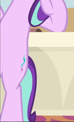 Size: 566x940 | Tagged: safe, screencap, starlight glimmer, pony, unicorn, a horse shoe-in, g4, bipedal, bipedal leaning, cropped, desk, female, leaning, leaning back, mare, solo