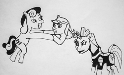 Size: 639x386 | Tagged: safe, artist:vacuumvorer, bon bon, lyra heartstrings, sweetie drops, tempest shadow, earth pony, pony, unicorn, g4, absorption, female, fetish, horn, horn vore, mare, pencil drawing, traditional art, vore