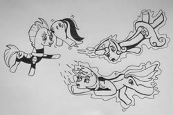 Size: 650x433 | Tagged: safe, artist:vacuumvorer, electric sky, minty bubblegum, tempest shadow, twinkleshine, pony, unicorn, g4, absorption, butt, female, fetish, horn, horn vore, mare, pencil drawing, plot, traditional art, vore