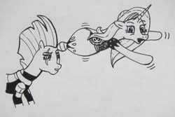 Size: 650x433 | Tagged: safe, artist:vacuumvorer, sassy saddles, tempest shadow, pony, unicorn, g4, absorption, female, fetish, horn, horn vore, mare, pencil drawing, traditional art, vore