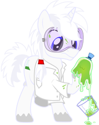 Size: 3000x3801 | Tagged: safe, artist:pirill, smooze, oc, oc only, oc:litmus paper, pony, unicorn, 2020 community collab, derpibooru community collaboration, g4, beaker, clothes, cutie mark, goggles, hair tie, high res, lab coat, male, safety goggles, simple background, solo, stallion, transparent background, vector