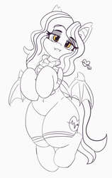 Size: 4706x7436 | Tagged: safe, artist:pabbley, oc, oc only, oc:arrhythmia, bat pony, pony, absurd resolution, bat pony oc, bedroom eyes, belly button, clothes, eyeshadow, fangs, female, floating heart, heart, hooves to the chest, looking at you, makeup, partial color, scarf, simple background, socks, solo, thighs, thunder thighs, white background, wings