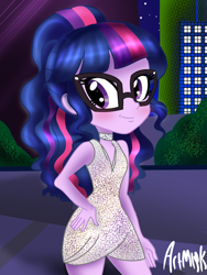 Size: 1536x2048 | Tagged: safe, artist:artmlpk, sci-twi, twilight sparkle, equestria girls, g4, alternate hairstyle, blushing, bush, choker, city, cityscape, clothes, curly hair, cute, design, dress, fashion, female, hand on hip, jewelry, looking at you, necklace, night, night sky, party dress, ponytail, short dress, sidewalk, sky, solo, town, twiabetes