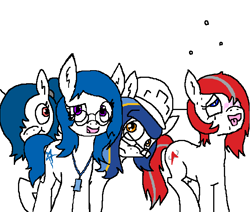 Size: 652x553 | Tagged: safe, oc, oc only, oc:jaxapone, oc:roscosmospone, oc:spacexpone, oc:ulapone, earth pony, pony, blushing, cyoa, drunk, glasses, hard hat, implied anon, simple background, sweat, tongue out, white background