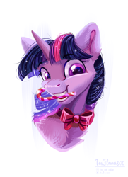 Size: 1592x2198 | Tagged: safe, artist:teaflower300, twilight sparkle, pony, g4, bow, bowtie, bust, candy, candy cane, cheek fluff, cute, ear fluff, female, food, mare, mouth hold, portrait, simple background, smiling, solo, twiabetes, white background