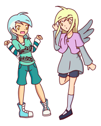 Size: 800x1000 | Tagged: safe, artist:platinum-starz, derpy hooves, lyra heartstrings, human, g4, clothes, converse, duo, female, happy, humanized, mary janes, open mouth, shirt, shoes, shorts, simple background, socks, vest, white background, winged humanization, wings