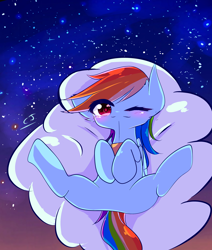 Size: 4176x4927 | Tagged: safe, artist:crackerjackvn, rainbow dash, pegasus, pony, absurd resolution, blushing, cloud, colored pupils, cute, dashabetes, ear fluff, featureless crotch, female, hooves to the chest, mare, night, on a cloud, one eye closed, sky, solo, starry night, stars, wink