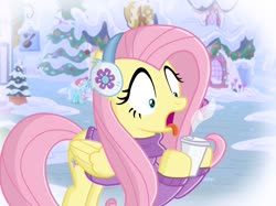 Size: 2732x2048 | Tagged: safe, artist:justsomepainter11, fluttershy, lyra heartstrings, pegasus, pony, g4, bottomless, burnt, chocolate, clothes, earmuffs, food, hearth's warming eve, high res, hot chocolate, partial nudity, ponyville, show accurate, snow, solo focus, sweater, sweatershy, tongue out