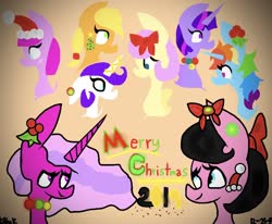 Size: 1004x828 | Tagged: safe, artist:kittycatrittycat, applejack, fluttershy, pinkie pie, rainbow dash, rarity, twilight sparkle, oc, oc:foxlit loxlet, oc:kittycatrittycat, earth pony, pegasus, pony, unicorn, comic:soarin to the rainbow, g4, 2019, bow, christmas, christmas tree, female, hat, holiday, holly, jappleack, lights, merry christmas, pinkamena diane pie, tree