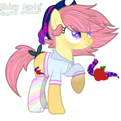 Size: 894x894 | Tagged: safe, artist:bublebee123, oc, oc only, oc:shiny apple (ice1517), earth pony, pony, blushing, clothes, cowboy hat, female, freckles, hat, mare, rainbow socks, raised hoof, shirt, simple background, socks, solo, striped socks, tail wrap, transparent background