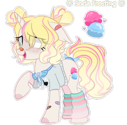 Size: 2724x2695 | Tagged: safe, artist:bublebee123, oc, oc only, oc:soda frosting, pony, unicorn, bandaid, bandaid on nose, blushing, bowtie, clothes, female, freckles, high res, leg warmers, mare, open mouth, raised hoof, shirt, simple background, solo, tail wrap, transparent background