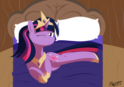 Size: 5000x3500 | Tagged: safe, artist:plazyma, twilight sparkle, pony, g4, absurd resolution, bed, crown, cute, female, hoof shoes, jewelry, mare, on bed, one eye closed, peytral, pillow, prone, regalia, solo, twiabetes, wink