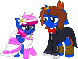 Size: 8000x6095 | Tagged: safe, artist:snogwritts, oc, oc only, oc:snogwritts, oc:windbreeze, pegasus, pony, unicorn, 2020 community collab, derpibooru community collaboration, absurd resolution, clothes, costume, dress, duo, female, male, oc x oc, shipping, simple background, straight, transparent background