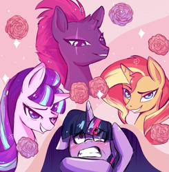 Size: 1029x1051 | Tagged: safe, artist:patty-plmh, starlight glimmer, sunset shimmer, tempest shadow, twilight sparkle, pony, unicorn, g4, blushing, broken horn, counterparts, eye scar, female, harem, horn, lesbian, love triangle, mare, s5 starlight, scar, ship:sunsetsparkle, ship:tempestlight, ship:twistarlight, shipping, smiling, twilight sparkle gets all the mares, twilight's counterparts