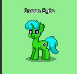 Size: 859x821 | Tagged: safe, oc, oc only, oc:green byte, pony, unicorn, pony town, ear fluff, green background, male, pixel art, simple background, solo, stallion