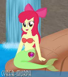 Size: 1972x2256 | Tagged: safe, artist:cyber-murph, apple bloom, mermaid, equestria girls, g4, adorabloom, apple bloom's bow, belly, belly button, bow, breasts, cleavage, clothes, cute, female, hair bow, mermaidized, midriff, rock, seashell bra, signature, sitting, solo, species swap, underwater, waterfall