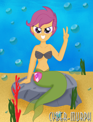 Size: 1680x2195 | Tagged: safe, artist:cyber-murph, scootaloo, mermaid, equestria girls, g4, belly, belly button, clothes, coral, cute, cutealoo, mermaidized, midriff, peace sign, seashell bra, seaweed, signature, species swap, underwater