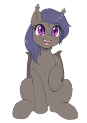 Size: 2480x3508 | Tagged: source needed, safe, artist:evomanaphy, oc, oc only, oc:night skies, bat pony, pony, 2020 community collab, derpibooru community collaboration, background removed, chest fluff, fangs, female, high res, raised hoof, simple background, sitting, smiling, solo, transparent background