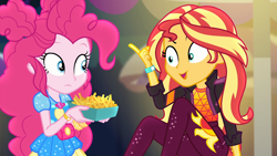 Size: 1920x1080 | Tagged: safe, screencap, pinkie pie, sunset shimmer, equestria girls, equestria girls specials, g4, my little pony equestria girls: better together, my little pony equestria girls: sunset's backstage pass, clothes, duo, duo female, female, food, french fries, geode of sugar bombs, hair bun, jacket, magical geodes, music festival outfit, outdoors