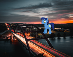 Size: 1777x1386 | Tagged: safe, artist:jeatz-axl, artist:thegiantponyfan, night light, pony, unicorn, g4, austin, bridge, giant pony, highrise ponies, irl, macro, male, photo, ponies in real life, stallion, texas